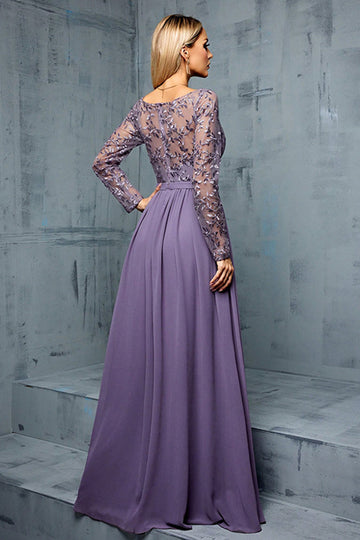 Purple Chiffon A Line Long Sleeves Mother of the Bride Dress with Appliques